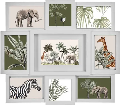 A collage of nine framed pictures featuring various safari animals and tropical foliage.
