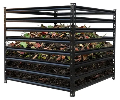 Productafbeelding van Relaxdays Composter, metalen compostbak, geschikt voor de tuin, afmetingen: 90x100x100 cm, inhoud: 900 liter, bladerencomposteerder, verstevigingen, staal, zwart