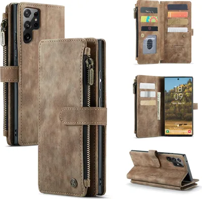 Immagine prodotto di Custodia in pelle per Samsung Galaxy S23 Ultra, custodia in Finto cuoio con cerniera, chiusura magnetica, tasca per carte, supporto, custodia a portafoglio marrone