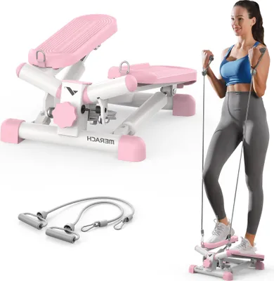 Produktbild von Mini Stepper 2-in-1 mit LCD-Display & Widerstandsseilen – Dreh- & Seitenschritttrainer bis 150 kg, Hometrainer für Beine, Po & Arme, Anfänger, rosa