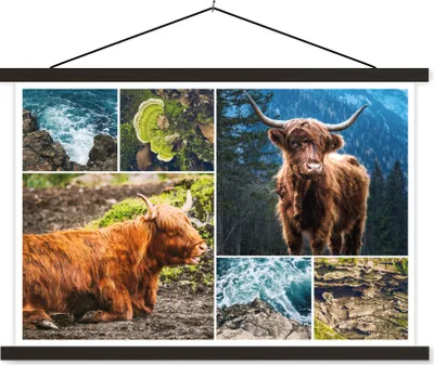 Produktbild von MuchoWow® Textilposter Schottisches Hochlandrind - Berg - Meer 60x40 cm mit schwarzem Rahmen - Hölzernes