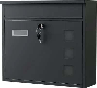 Produktbild von Wiltec Briefkasten V12 schwarz 362 x 115 x 315 mm, Wandbriefkasten mit Schloss, Sichtfenstern und Namensschild, Postkasten aus Stahl galvanisiert