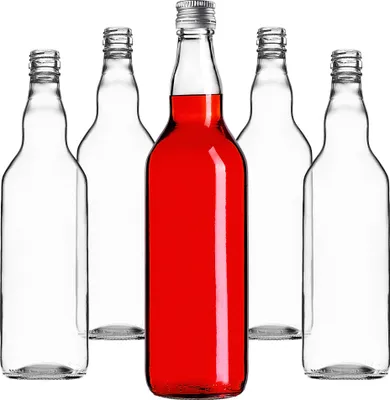 Five glass bottles are arranged on a white background. One bottle in the center is filled with red liquid, while the other four are empty.