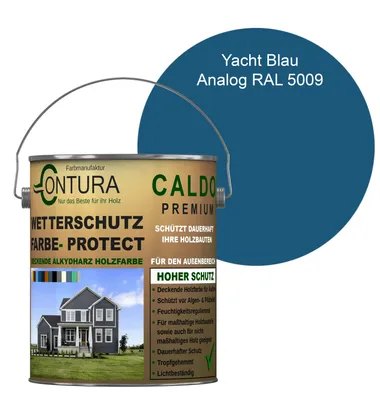 Produktbild von Contura 2,5Liter Wetterschutzfarbe Holz Dauerschutzfarbe Deckend Buntlack Holzfarbe Holzlasur Seidenmatt - Yacht Blau - RAL 5009 Analog