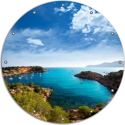 Produktbild von Wallario rundes Outdoor-Poster für Garten oder Balkon, Motiv Ibiza - Blick von einer Bucht aufs Meer, 90 cm Durchmesser