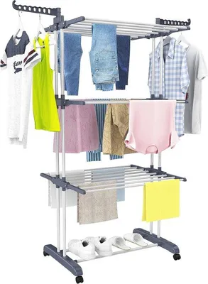 Zdjęcie produktu dla Suszarka oszczędzająca powietrze na kółkach – 4 poziomy, 6 składanych skrzydeł i podwójne skrzydła boczne do użytku wewnątrz i na zewnątrz