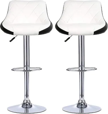 Image de Ensemble de 2 tabourets de bar avec dossier et repose-pieds en acier chromé, siège réglable en hauteur de 53 à 73 cm, chaise pivotante à 360°, tabourets de bar en similicuir, hauteur du dossier : 38 cm (blanc et noir)