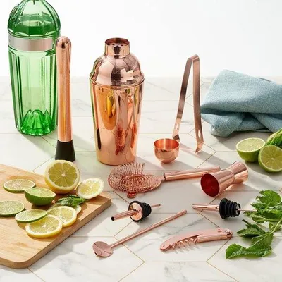 Immagine prodotto di Set shaker da cocktail in acciaio inossidabile, 10 pezzi. Accessori da bar rosa/rame