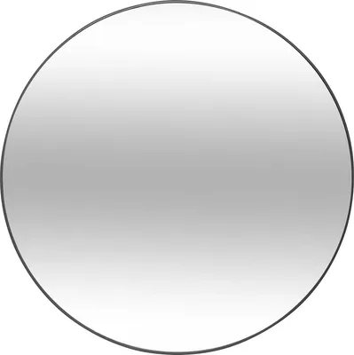 A circular mirror with a thin black frame, shown against a white background.