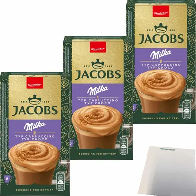 Produktbild von Jacobs Cappuccino Milka 3er Pack (3x8 Sticks 3x126,4g Packung) + usy Block