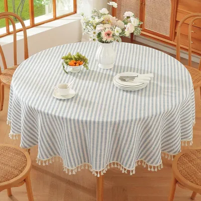 Obrázek produktu pro Kulatá ubrus, pruhovaná, 140 cm, modrá, vzhled lnu, omyvatelná, bavlna, námořnický styl