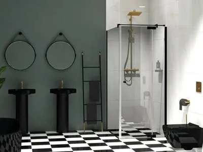 Produktbild von Jungborn Duschtür mit Seitenwand SETTE Drehtür mit Festteil rechts und Seitenwand links 90 x 75 cm Profilfarbe schwarz K