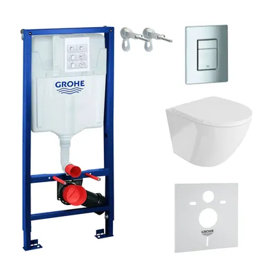 Produktbild von GROHE Vorwandelement Solido + Wand Hänge WC Sofi Weiß Spülrandlos + WC-Sitz SoftClose | Verchromter Knopf | Komplettset | Unterputz Spülkasten |  Toilette Komplett Sett