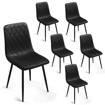 A set of six black dining chairs arranged on a white background.