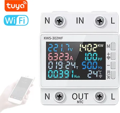 Produktbild von Tuya WiFi 8in1 Energiezähler 2P Wechselstromzähler, Voltmeter, Strom, Leistung, Zeit, elektrische Energie, Temperatur, Frequenz, Leistungsfaktor, APP