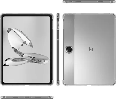 A clear, studio shot of a transparent phone case for a OnePlus Pad Go, shown from multiple angles.