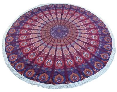 Produktbild von Rundes Indisches Mandala Tuch, Boho Tagesdecke, Picknickdecke, Stranddecke, Runde Tischdecke - Rot/lila, Baumwolle, 180*180*0,5 cm, Bettüberwurf, Sofa Überwurf