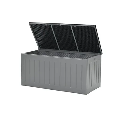 A grey storage box with its lid open, shown against a white background.