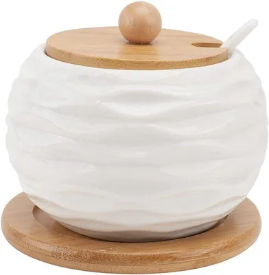 Image de Pots à épices en céramique avec couvercle en bambou et cuillère, blanc