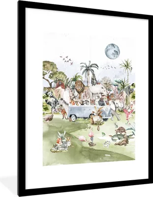Produktbild von MuchoWow® Gerahmtes Poster Dschungel - Bus - Tiere - Kinder - Pflanzen 60x80 cm - Poster mit Schwarzem Bilderrahmen Wandposter Rahmen Foto Bilder - Wohnzimmer - Dekorationen - Prämie
