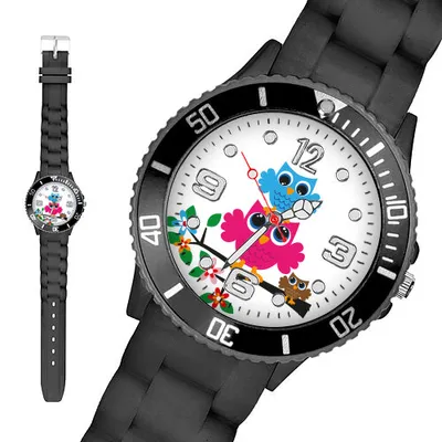 Produktbild von Taffstyle Kinder Armbanduhr Kinder Silikon Armbanduhr mit Eulen Motiv, Schwarz / 34mm