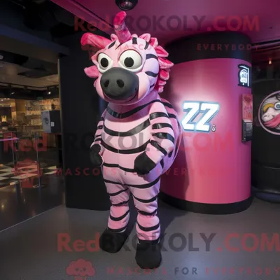Produktbild von Maskottchencharakter REDBROKOLY eines rosa Zebras mit Rollkragen und Broschen
