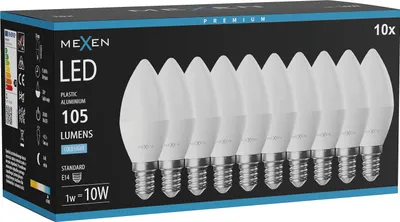 Obrázek produktu pro Mexen Nova 10x LED žárovka E14, C37, 1W, Studená - 6500K, 105 lm - L102-E14-0165-01x10