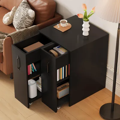 Produktbild von okwish Bücherregal mit ausziehbarer,Aufbewahrungsschrank,Mobiles Sideboard mit große Rollen,Nachttisch,Wohnzimmerschrank,für Arbeitszimmer und Wohnzimmer,Schwarz
