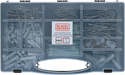 Obrázek produktu pro Sada hřebíků, hmoždinek a šroubů BLACK+DECKER - 560 kusů - krabice se sortimentem