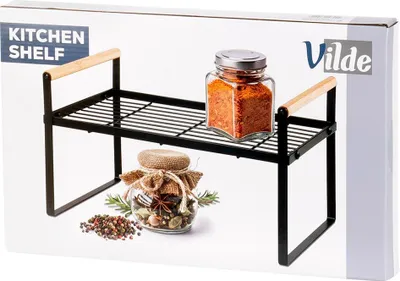 The image shows the packaging of a kitchen shelf, with the product displayed on it.