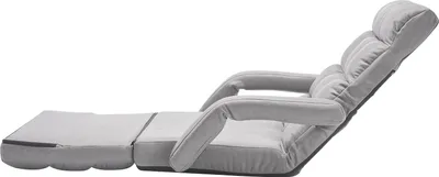 A gray floor chair with an extended footrest, shown from the side against a white background.