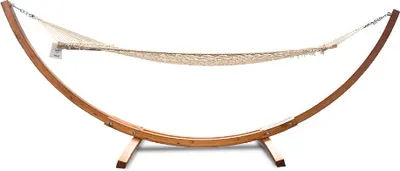 Produktbild von Rijoka Hängematte mit hölzern Gestell – Gartenliege mit Holzständer – 150kg Belastung – 325x120x120cm – mit Netz