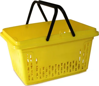 A yellow shopping basket with black handles is shown against a white background.