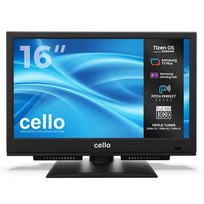 Obrázek produktu pro Cello 16" LED Smart TV od společnosti Samsung s operačním systémem Tizen, vybavený trojitým tunerem, kvalitním zvukem, Bluetooth, Wi-Fi a přístupem k aplikacím přes obchod Tizen