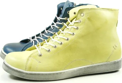 Two high-top sneakers, one blue and one yellow, are shown side-by-side against a white background.