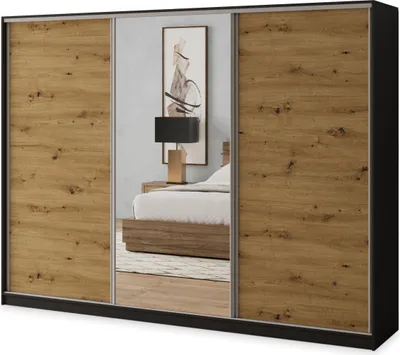Produktbild von Masseno Schiebetürenschrank SORE 250/205/58 cm Kleiderschrank mit 4 Schubladen Schlafzimmer Schrank 3-türig mit Spiegel Schwarz / Eiche Artisan