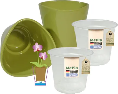 Produktbild von MePla - 2 Stück - Orchideenübertopf Dreieck ø 14 Grün + Pflanztopf Orchidee ø 12