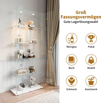 Image de Vitrine en verre - Modèle indépendant à double porte - 5 étagères - Éclairage par bandes LED - Pour objets de collection - Design moderne - Socle blanc