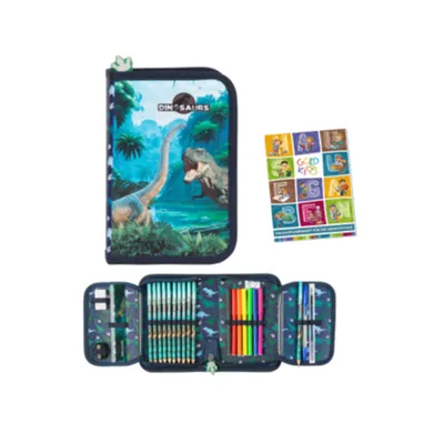 Produktbild von Goldkids - Federmäppchen 1 Fächer - Federmappe 1-Fach Federtasche Gefüllte Schüleretui - Schulmäppchen und Hausaufgabenheft - Dinosaurier Motiv