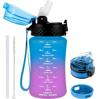 Produktbild von Trinkflasche Kinder 350ml mit Strohhalm und Zeitmarkierung, BPA-frei, auslaufsicher, Blau Lila