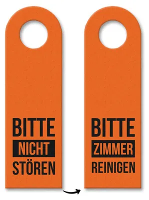 Two orange door hangers with text in German. One says 'BITTE NICHT STÖREN' (Please do not disturb) and the other says 'BITTE ZIMMER REINIGEN' (Please clean room).