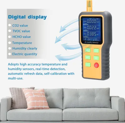 Zdjęcie produktu dla 5 w 1 Detektor jakości powietrza CO2 HCHO TVOC Miernik temperatury wilgotności z podświetleniem