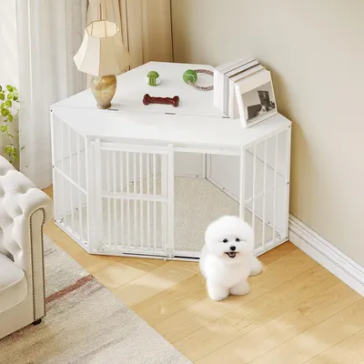 Immagine prodotto di Gabbia per cani angolare - Bianca - 102x53,5x59,5 cm - Legno - Kennel per cani di piccola e media taglia, da interno