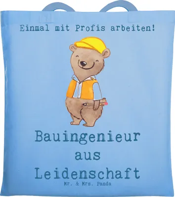 Produktbild von Mr. & Mrs. Panda Tote Bag Bauingenieur Leidenschaft - Sky Blue - Geschenk, Tasche, Spruch, Shopping, Witzig, Beruf, Baustelle, Beutel, einkaufsshopper, Schultasche