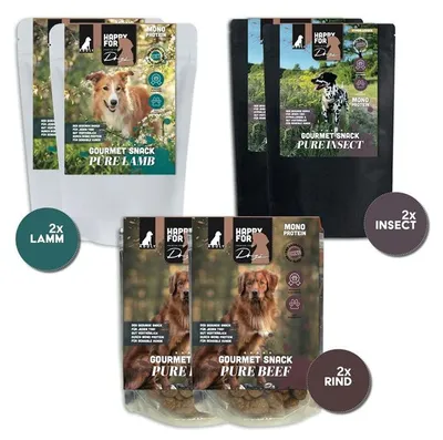 Produktbild von HAPPY FOR GOURMET SNACK Pure Lamb, Insect & Beef, 6 x 150 g (Sparset)