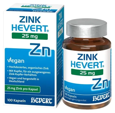Produktbild von Zink Hevert 25 mg mit Kupfer für Immunsystem und Haut, 100 St. Kapseln