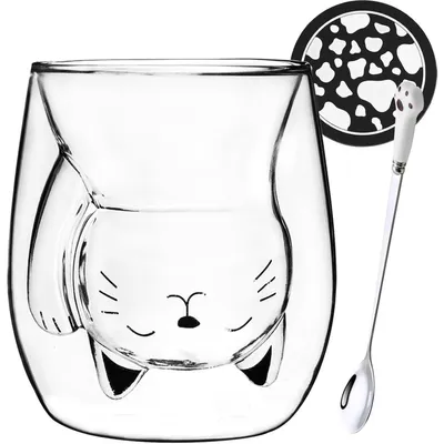 Productafbeelding van Dubbelwandige glazen met handvat, met kattenmotief, gemaakt van borosilicaatglas, inclusief lepel en onderzetter