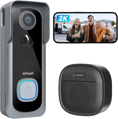 Produktbild von Kabellose Video-Türklingel mit Kamera - 2K-Auflösung - IP66-wasserdicht - Zwei-Wege-Audio - PIR-Bewegungserkennung - 2,4-GHz-WLAN - Keine Monatsgebühren
