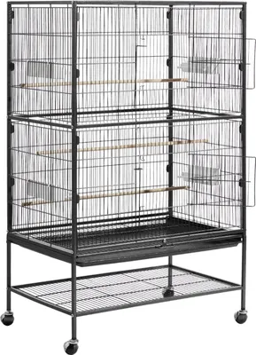 Obrázok produktu pre Vtáčia klietka, 800 x 520 x 1320 mm, plochá strecha, kovaná železná klietka s bidlami, vysúvacou podložkou a plastovými kŕmidlami, kolieskami, pre papagáje, modré sýkorky, kakadu, kanáre a mníšky.