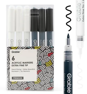 Image de Jeu de 6 stylos marqueurs acryliques, noir et blanc, pointe extra-fine de 0,7 mm, résistants à l'eau